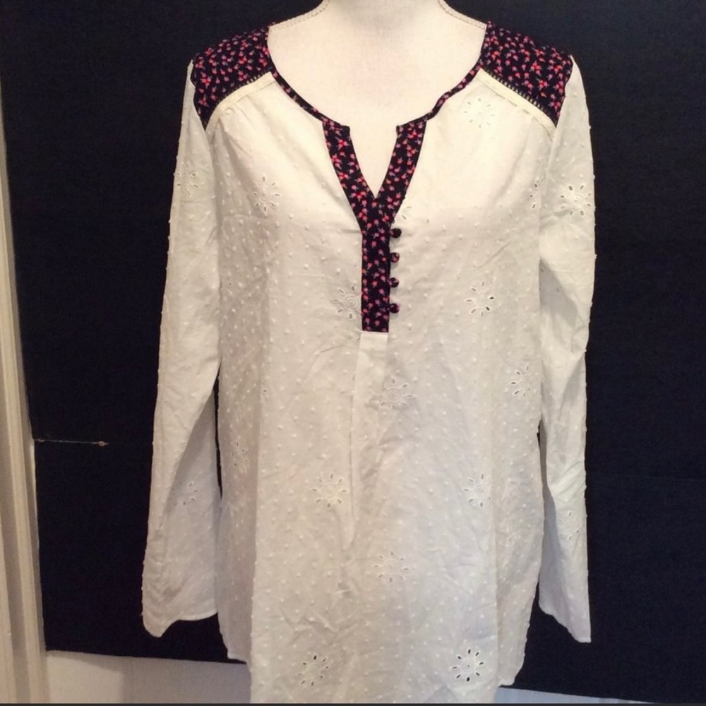 Matilda Jane Boho blouse L White black pink Swiss dot